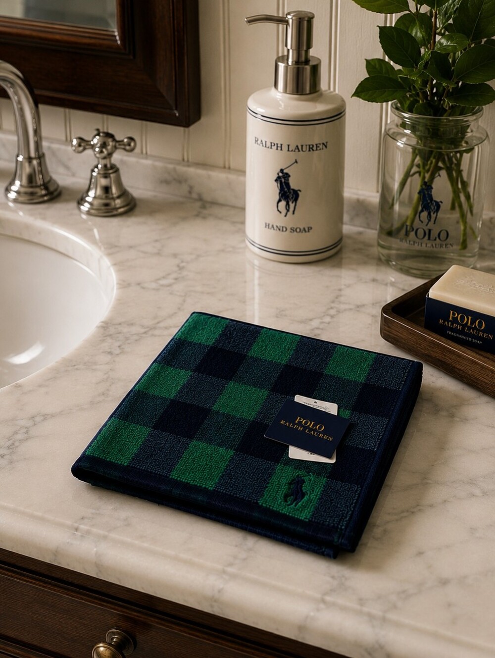 Polo Ralph Lauren Buffalo Check Hand Towel NWT Made in Japan Green Navy - Picture 1 of 6